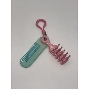 Vintage 80's Clip On Pink Brush Blue Comb Charm w/ Plastic Charm